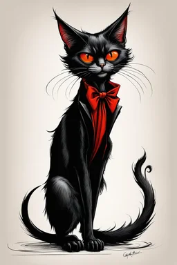 create a wild full body caricature of a dark sorcerous female vampire cat, highly detailed with refined feline features in the caricature style of Gerald Scarfe and Ralph Steadman, precisely drawn, boldly inked, vividly colored, 4k