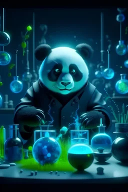 mad scientist that is a Giant Panda working with dangerous chemicals and complex beaker set ups in the background. A dark and demented aura spills outward from the animated image 8k