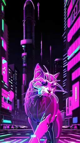 vaporwave illustration of a futuristic, cybernetic futuristic huge cat walking through a neon-lit cityscape, we see it's face. Cyber cat is sleek and stylish, accentuated with intricate and bold cybernetic enhancements, graphic shapes, and lines. Futuristic city features holographic ads, neon skyscrapers, and advanced technology billboards. Emphasize the pastel color palette of cool colors, bold, luminous neons, and clean lines for an otherworldly effect.