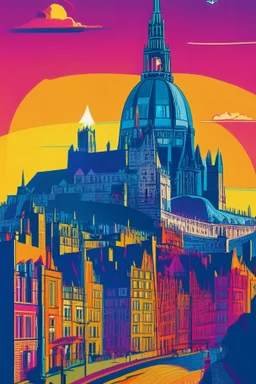 Illustration of Edinburgh in the style of Jonathan Ball, vivid colors, details