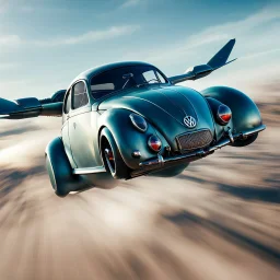 a high definition screen shot of a jet-fighter vw-beetle, retrofuturistic, phototrealism, in flight, one subject, should have wings with atleast one exposed jet on each wint or one coming throught thr front and center of the vehicle.