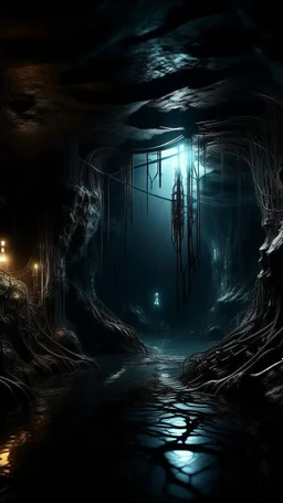 Si-Fi, The cave of Batman atmospheric lighting effects, intricate industrial details, moody atmosphere, eerie grimdark ambiance, complex motherboard accents, speculative fiction art. Bokeh