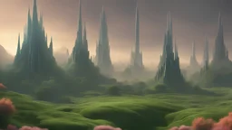 4k, Photorealism, hyper realistic, Stretching as far as the eye can see, a mesmerizing techno-organic landscape unfolds. Towering terraforming spires, crowned with intricate arrays, punctuate the horizon. Pulsating with a gentle luminescence, these towers channel energy into the very earth, causing flora and fauna to intertwine with gleaming biomechanical tendrils. Amidst this symphony of nature and technology, a harmonious ecosystem thrives, where the boundary between the organic and synthetic