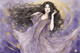 Dynamically dancing long haired brunette woman, in Klimt style, in lilac, watercolor and ink, golden glitters