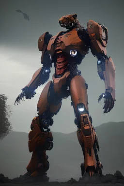 Pacific Rim Mech Tiger-shaped humanoid sci-fi mech High-tech elements Steel plates Pneumatic and mechanical components Complex accessory system Mech hardness and strength Sharp claws and teeth Glowing eyes Sci-fi atmosphere