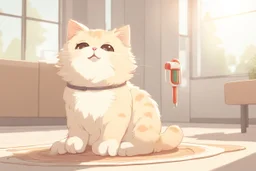 cute fluffy chibi beige cat with a giant thermometer in a modern room in sunshine