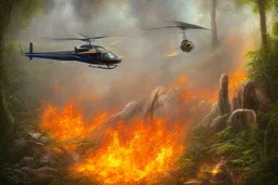 burning helicopter in jungle the jaguar is watching on fire