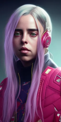 Billie Eilish, in stockings, cyberpunk2077, photorealistic