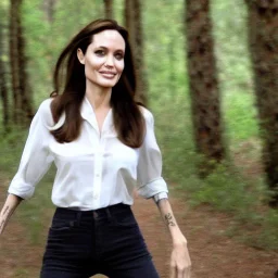 Angelina Jolie wearing jeans dancing in a forest realistic face full body