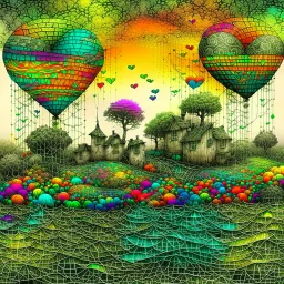 Dreamy sunset lush hilly landscape, winding river, surrealist impasto spirograph drawing, trees, abstract expressionist medieval village, featuring whimsical houses with tiled roofs, flowers, and grasses in Kintsugi-style, gold leaf overlays, intricate textures, by Susanne, in the style of Odilon Redon, Andy Kehoe, John Hoyland, and van Gogh, hints of geometric fragments.