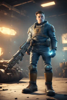 Nico Belic with rocket boots in fallout 4 setting, bokeh, downlight, prize winning, depth of field, monster in background, stereoscopic cartoon storyline montage, glowing guns