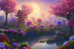 monde en fleurs, flower tree-houses, concept art, crépuscule , fuksia bleu oranger, vibrant Color, réaliste, riviere bleu, tree-house