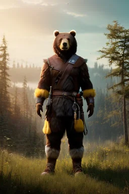 Human Male Druid character, bear ears, brown hair, long hair, wild hair, yellow eyes, scars on body, waist up portrait, 4k resolution, intricate details, ornate details, soft lighting, vibrant colors, retroanime, masterpiece, natural background, realistic