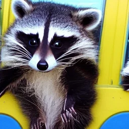 Cartoon raccoon on bus