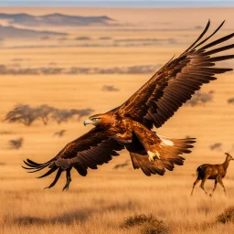 An image capturing the awe-inspiring sight of a magnificent golden eagle in flight, soaring gracefully over a sprawling landscape where a herd of impalas grazes peacefully below. The eagle's wings are outstretched, catching the sunlight and casting a majestic shadow over the savannah. This scene showcases the grandeur of both the eagle and the wild impalas in their natural habitat, creating a powerful and harmonious composition.