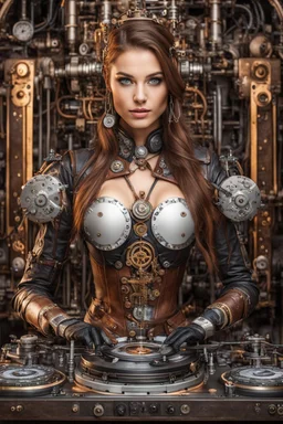 Front view half body gorgeous Realistic Photography beautiful super model Russian as playing Dj player with body full mechanical steampunk cyborg realistic beautiful woman hyper detailed