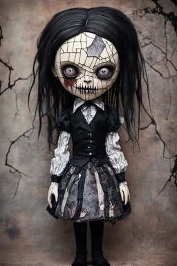 full color, illustration of a dark menacing Victorian goth vampire girl, ala Wednesday Addams, as a decayed, broken, crude homemade patchwork cloth doll toy, with a cracked porcelain face, hair made from ragged strips of cloth, art in the style of Alex Pardee and Tim Burton