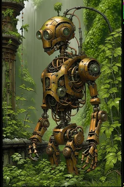 COPILOT PROMPT A majestic, eight-foot-tall automaton, constructed from polished copper and oiled wood, stands in a desolate, overgrown garden. Vines and moss cling to its metallic limbs, and a single, glowing glass eye seems to observe the world with quiet contemplation. A small puff of steam escapes from a valve on its chest, giving the only sign of life. The background is the rusted, decaying façade of a grand Victorian manor, half-swallowed by the wilderness. The scene should be lit with a s