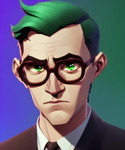 Fit man in round glasses, wavy hair, stubble, slim, tie, monotone, green eyes, comic book style, two tone colours, detailed, ink, realistic, handsome, square jaw, big brows, no jacket, bird on the shoulder, spotlight