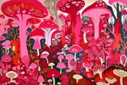 A magenta forest filled with mushrooms and fungus designed in medieval tapestry painted by Henri Matisse