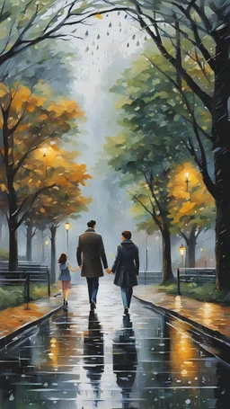 a scene of a couple walking hand in hand through a city park on a rainy day. Highlight the realistic details of raindrops on leaves, wet pavement, and the couple's expressions as they find joy in the simple pleasure of being togethe