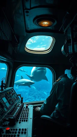 Captain sitting in a dark submarine control room , filled with cages and buttons and valve on the control dashboard, in a large window to the ocean with shark , paint it in the baroque style,
