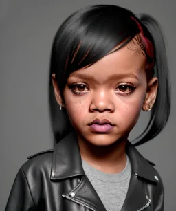 Rihanna toddler, full height, leather jacket, soft skin, dramatic lighting, hyper realistic