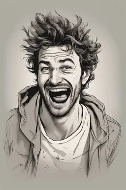 deranged laughing man with messy hair and stubble