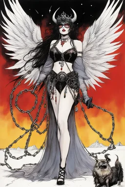 SNIFFIN’ GLUE magazine high res photo cover by Ralph Steadman: special 'boundage with heavy chains in hell for her' issue; guest star : Lilitha Embervein with her wings, daughter of the flame-wielding cult of Pyr’Zhar,