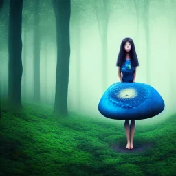 sourceress dark girl, beautiful, cute, seated in a giant mushroom forest, with mist, blue intricate short dress, high definition, cinematic, rendering