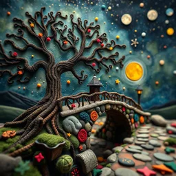 Photograph hasselblad h6d400c --ar 85:128 --v 6.0 of a fairy old bewitched bridge, tree, made of felt, art, 3d deep field, Joan Miró, wide angle landscape scene, galaxies, creepy, Max Ernst, needlepoint, abstract silhoutte, expressionist style, colorful holiday