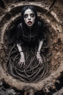 Closeup tall Girl goth with big eyes, fullbody, crushed inside really fleshy stomach filled with digestive juices, ragged clothes, extended like roots, the perspective looking up from the bottom of an empty well ,8k,macro photography,