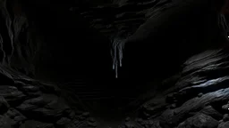 dark rock cave, looking upward as the cave continues upward. waterworks are used to deliver mined ore from the top of the cave down to the bottom, lined by a small dam, in the style of jordan grimmer