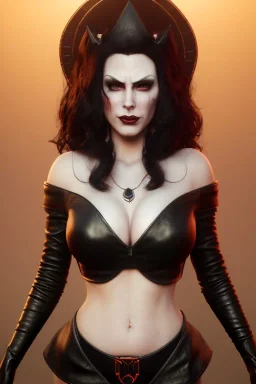 Amy Dumas as evil queen in black leather, leather, busty, cleavage, angry, rage, stern look. character design by cory loftis, fenghua zhong, ryohei hase, ismail inceoglu and ruan jia. unreal engine 5, artistic lighting, highly detailed, photorealistic, fantasy