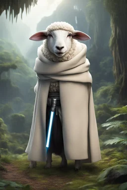 [photo realistic] a sheep standing with a Jedi cape and a Lightsaber, using the force, jungle in the background