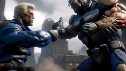 High quality medium shot of Senator Armstrong getting repeatedly punched by Donald Trump, epic, buff, standing, rooftop, dust, Metal Gear Rising