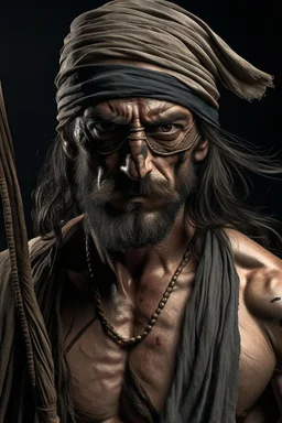 An incredibly muscular, Gypsy man. He is blind and wears a strip of cloth over his eyes. He carries a single, massive broadsword. His face shows a look of grim determination.