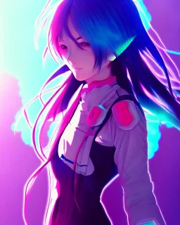 Anime girl, anime style, concept art, artstation, muted colors, cool colors , cyberpunk, colorful bismuth crystal colors, hyper details, exquisite and gorgeous