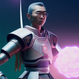 A portrait of a crystalised robot samurai with yakuza tatu, atmospheric, realistic, unreal engine cosmic galactic, cinematic lighting, octane render, transparent,bleu pink light, Horse tail, cristal goutte rose sur le front