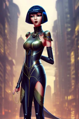 full body picture of a woman with a bob, a fringe hairstyle, Cleopatra clothing futuristic steampunk, city background