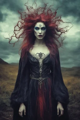 Conceptual surreal and otherworldly full body portrait photograph of a Vampire Sorceress , with highly detailed hair and facial features in the photographic style of Jerry Uelsmann, sharply focused, cross processed color image using color negative film with E-6 color slide chemicals, 8k, cinematic quality