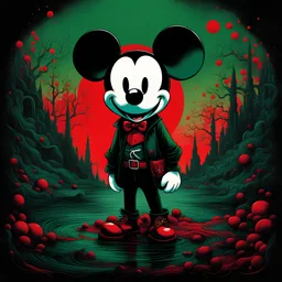 color Ink illustration by Phillipe Druilett, heavily inspired by the unsettling symbolism of Virgil Finday and Alexander Jansson, mickey mouse, red and dark_green and black color scheme dominating the artwork, grim narrative, smooth illustration, chilling Eldritch motifs, UV reactive color slashes, textured surface, ominous representation, unsettling.