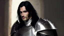 A dashing knight in steel plate armour, long black hair, pretty face, dignified