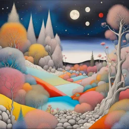 Colourful, peaceful,, Yves Tanguy, surrealistic, hypermaximalist, night sky filled with galaxies and stars, rocks, trees, flowers, one-line drawing, sharp focus, 8k, deep 3d field, intricate, ornate