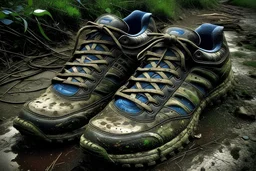 Same pair of sports shoes approached and seemed to be seeking companionship. The shoes, now drenched from the rain and marked by the terrain, suddenly became a source of comfort.