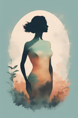 A minimalist, t-shirt design with a vintage twist, featuring a sleek and stylized unclad woman's body silhouette against a faded, women's body is a painting about nature, awesome, bright.