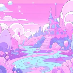 Pink and purple pastel dream world cartoon,