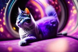 A hyper-realistic ,A purple cat walking in space, the space is colorful, a fairy tale look, the cat is smiling, Photo Real, HOF, full size, practicality,manufacturability,performance, (((realism, realistic, realphoto, photography, portrait, realistic, elegant, charming, apocalyptic environment, professional photographer, captured with professional DSLR camera, trending on Artstation, 64k, ultra de