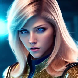 Katheryn Winnick, Cyborg anime warrior, light blonde short hair, pixie hairstyle, cobalt eyes, waist up portrait, 8k resolution, retroanime, intricate details, neon details, soft lighting, vibrant colors, masterpiece, intricate eyeliner, dark eyeshadow, eyes, intricate tattoos, gradient background