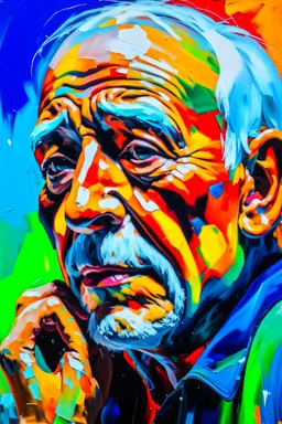 A old man crying sad in abstract expressionist painting in vivid colors, thick impasto brushstrokes, spontaneous drips and splatters, texture and movement, explore emotions and ideas through non-representational forms --v 5.2